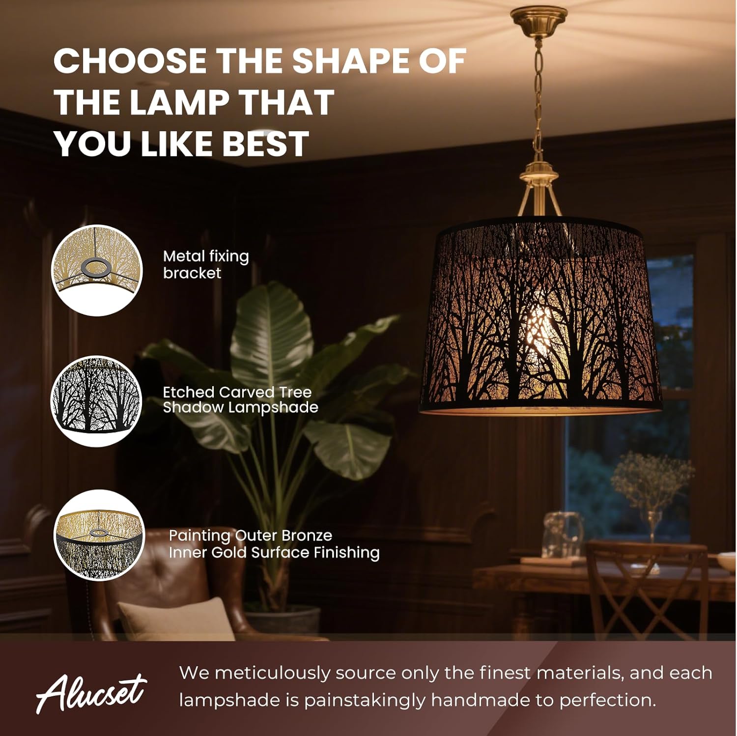 ALUCSET Large Drum Lamp Shade for Table Lamps, 12" Top x14" Bottom x 10" High, Metal Lampshade Black and Gold Replacement for Floor Lamps and Bedside Lamp, Etched Forest UNO Fitter