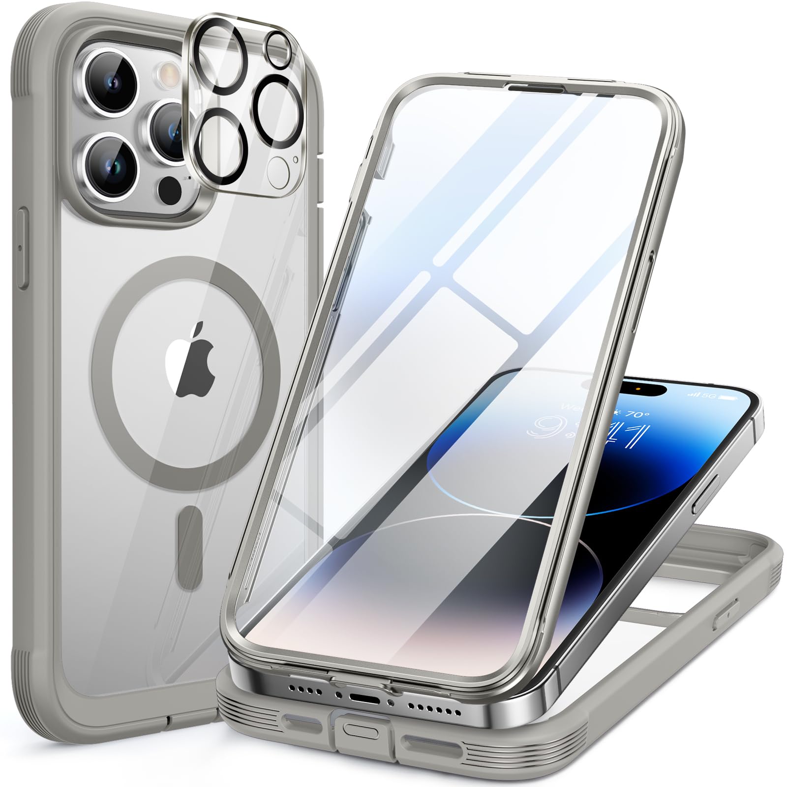 VUP for iPhone 14 Pro Case, [Compatible with Magsafe] Full Body Rugged Case with Built-in [Upgraded Tempered Glass] Screen Protector, Magnetic Phone Case for iPhone 14 Pro Case 6.1" (Natural Titanium)