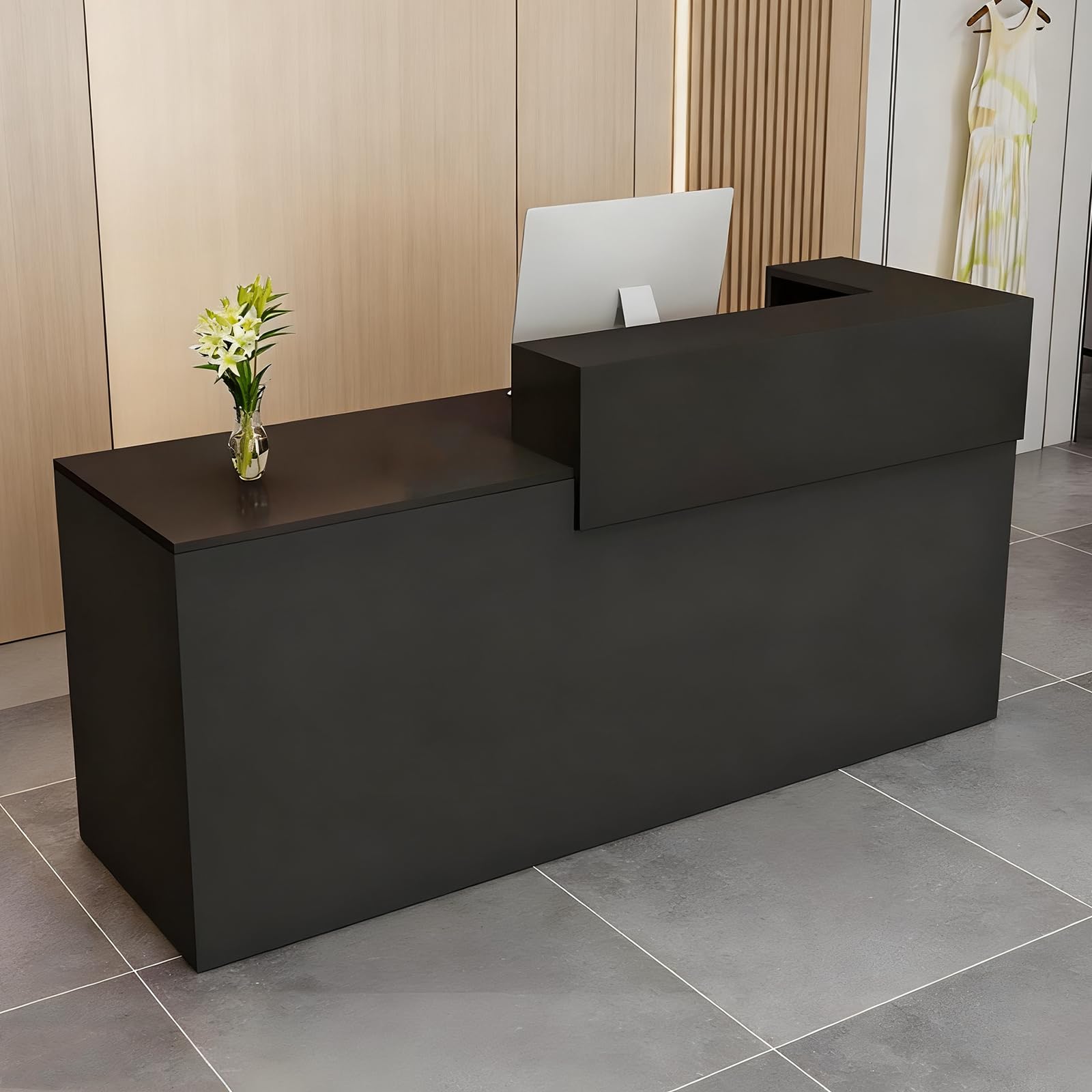 Mostrador de Recepción Moderno de MDF, 100–240 cm, con Cajón y Estantes Abiertos, Mueble de Oficina para Tiendas, Salones, Consultorios y Recepciones