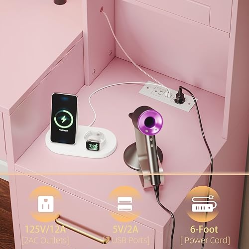 Miniatura 5 de Escritorio de maquillaje de 58.3 pulgadas con estación de carga, tocador de maquillaje rosa con espejo y luces, 3 modos de iluminación de brillo