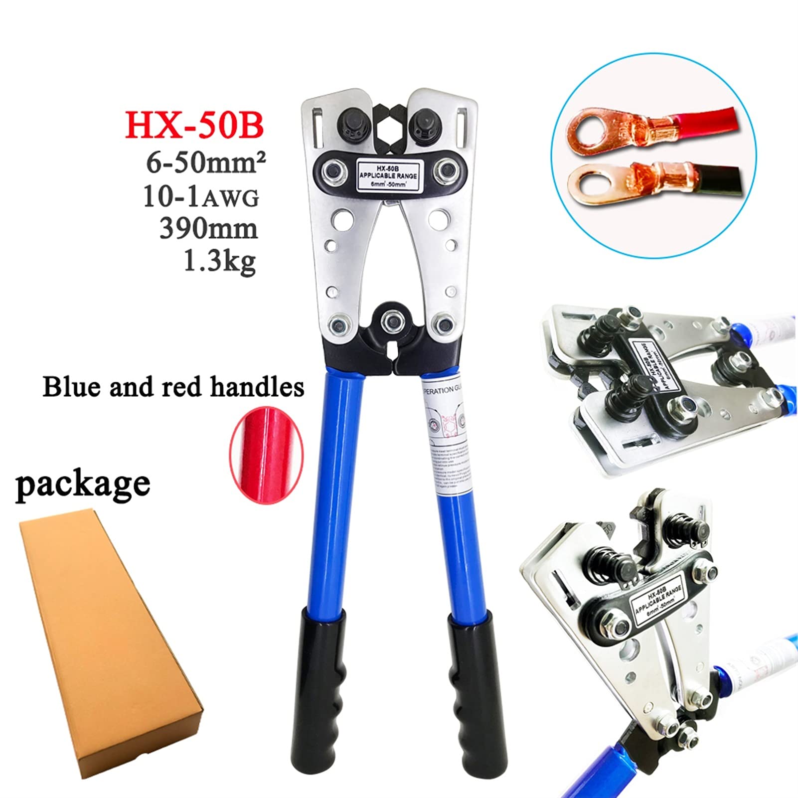 Pelacables Crimpadora HX-50B Alicates engargando alicates engarzando alicates de engarzado por 6-50mm2 1-1 0AWG Cable(HX-50B red)