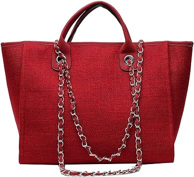 Womens canvas shoulder bag, large capacity handbag, single shoulder bag, handbag with chain Red