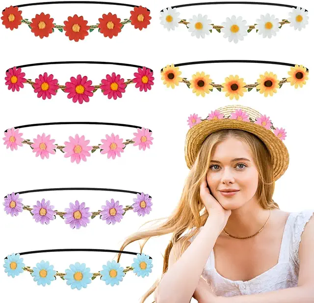 KEYRI 7 Pcs Flower Crown Wreath Boho Headpiece Daisy Hair Bands for Women Girls