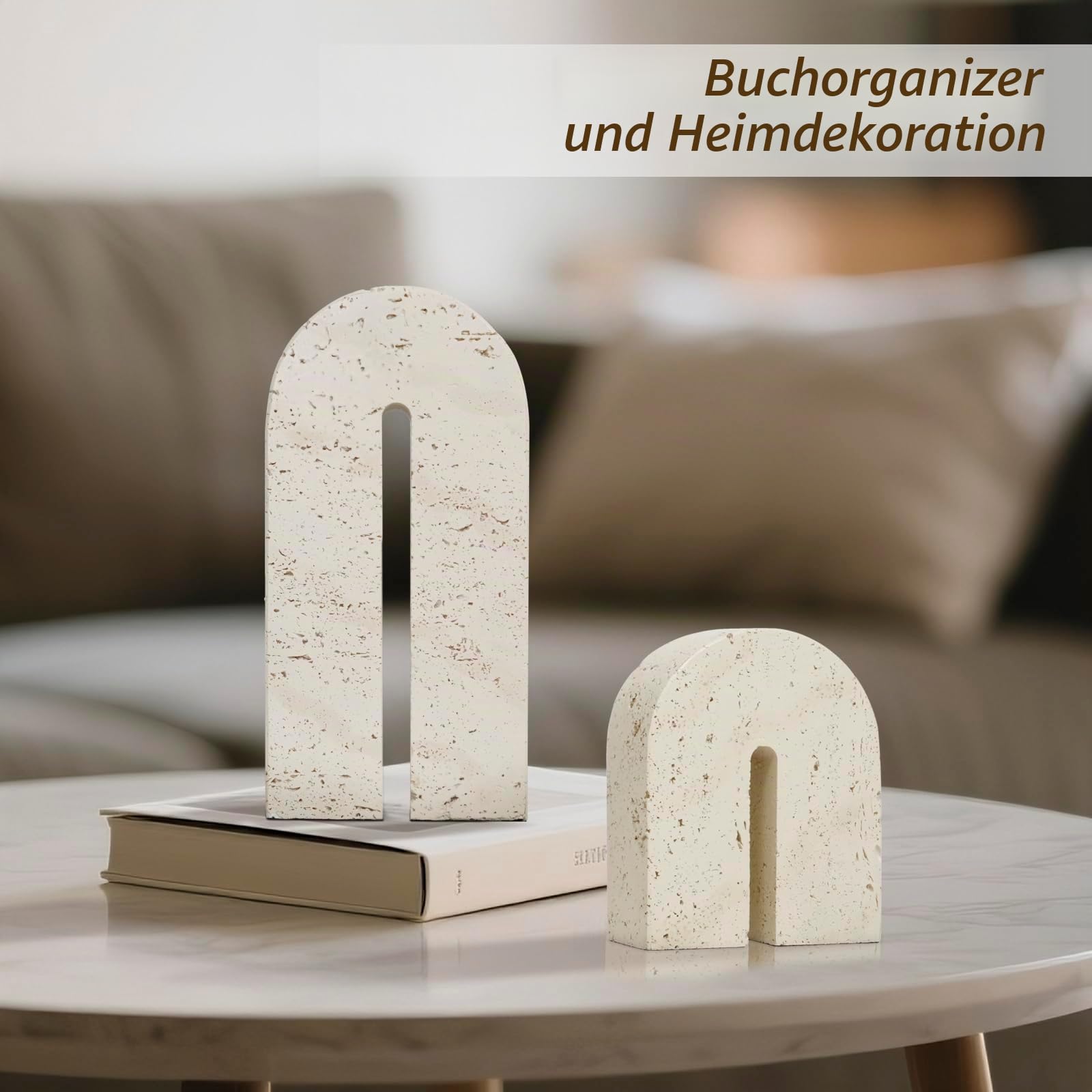 BOHDK Buchstützen für Regale, Harz-Dekorative Buchstützen, Retro-Bogen-Bücherhalter für schwere Bücher, Imitat-Travertin-Buchstopper für Wohndekor, Studium, Bücherregal, Desktop, 2er-Set