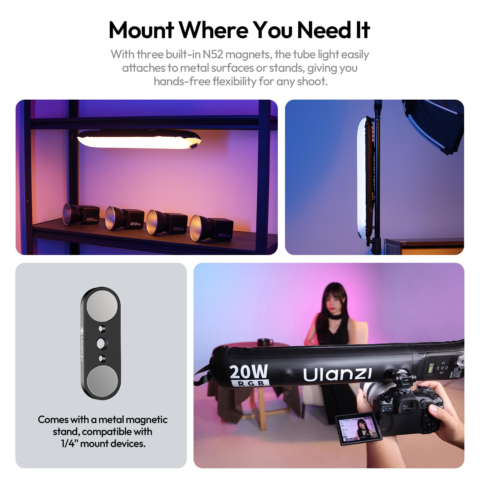 ULANZI UA20C Lampe Tube à air, Lumiere Photo Portable RGB 20W, Lampe vidéo magnétique à intensité Variable 1800-10000K avec IRC 95+, 12 Modes scène, LED Photo Gonflable Rechargeable 2500mAh