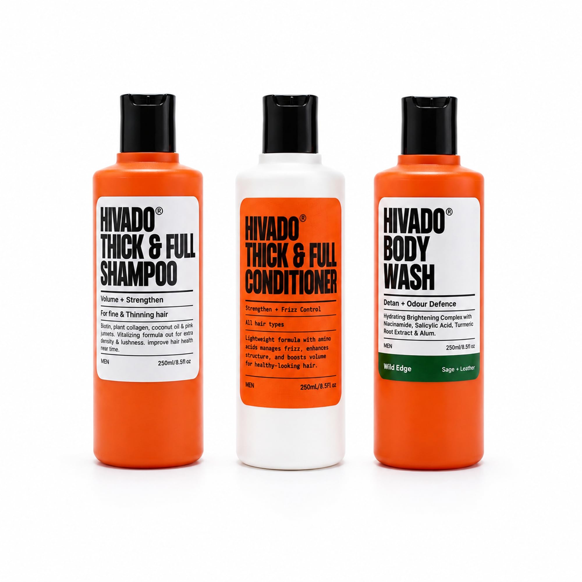 HIVADO Men's Hair and Body Care Combo, Pack of 3 (250ml each) – Hair Thickening Shampoo, Volumizing Conditioner and De-Tan Body Wash for Men | Hair Fall Control, Tan Removal, Skin Brightening and Oil Control | Sulfate Free-picture-19