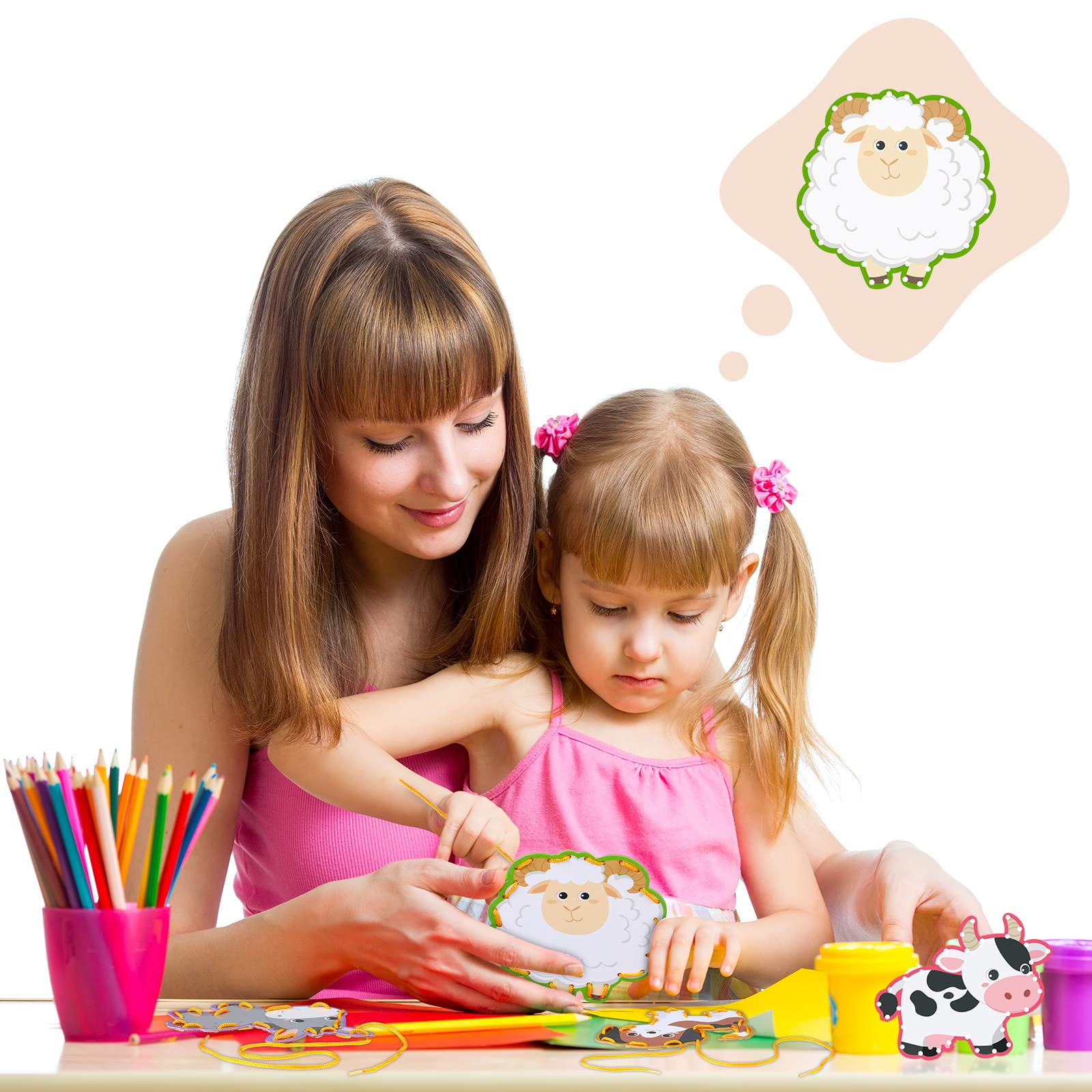 10 tarjetas de cartón para coser de animales de granja para niños, resistentes de doble cara, juegos de juego para niños que desarrollan suministros educativos de imaginación 5