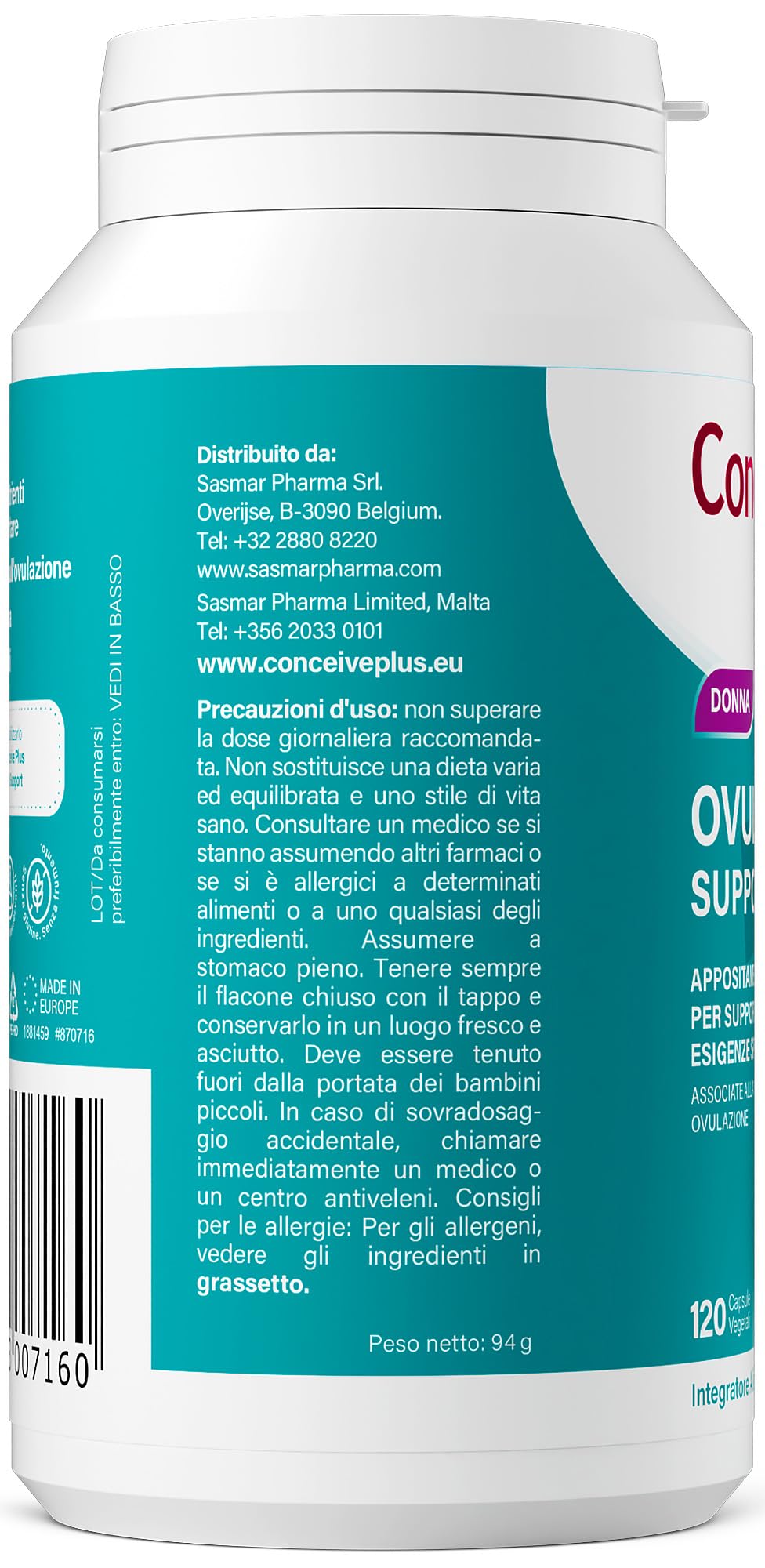 Conceive Plus Ovulation Support, Supporto per policistico e Ovulazione, Myo-Inositolo e D-Chiro-Inositolo, 120 capsule
