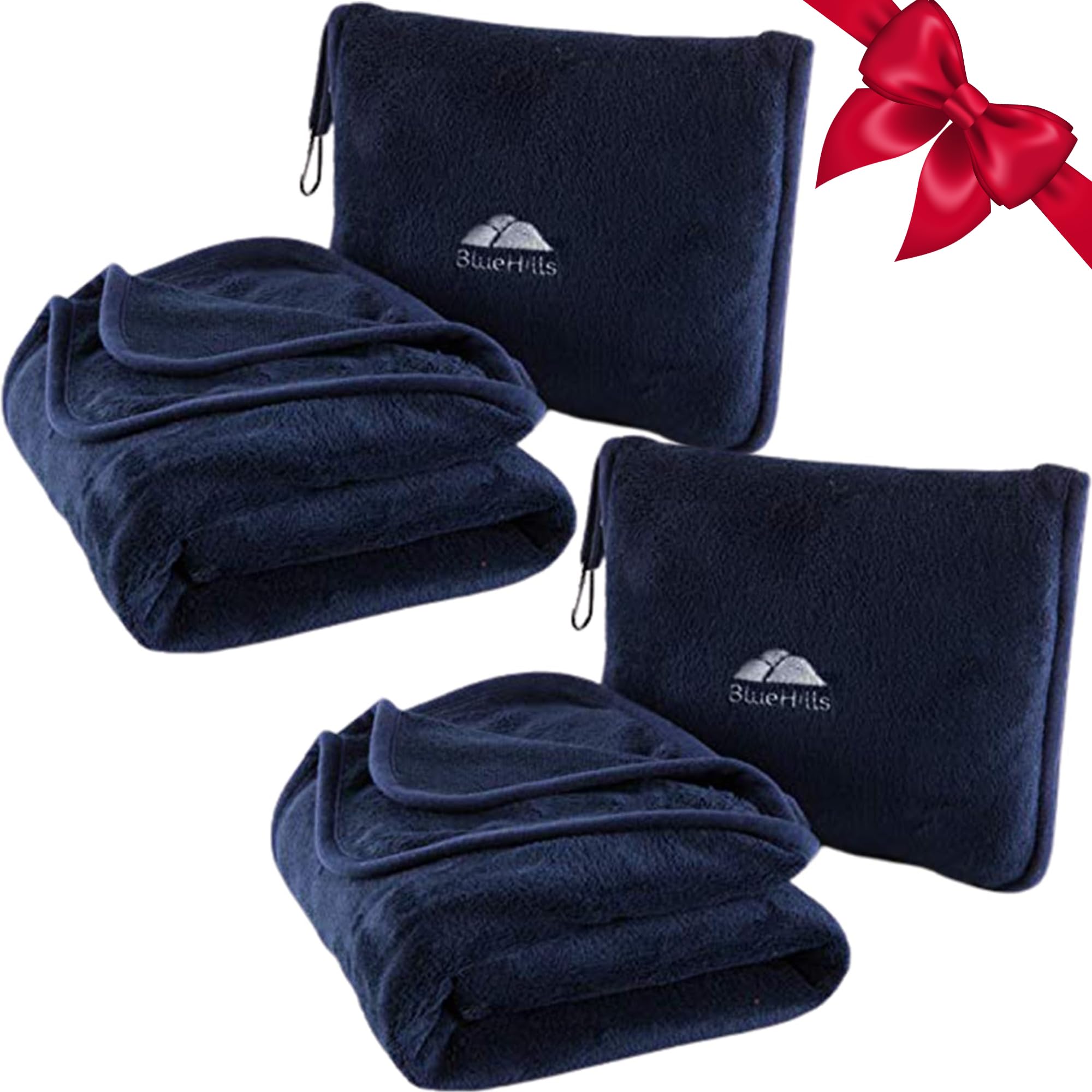BlueHills Premium Soft 2-Pack Travel Blanket Pillows Airplane Large Plane Flight Throw Blankets for Two in Bag Compact Traveling Essentials Set Packable Warm Gifts Navy Blue T011