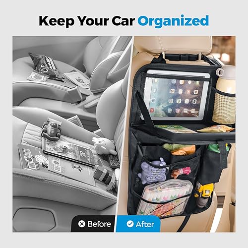 Miniatura 6 de Tsumbay Organizador de asiento trasero de automóvil con bandeja plegable, 9 bolsillos, protector de asiento para colchoneta de patada, capacidad de