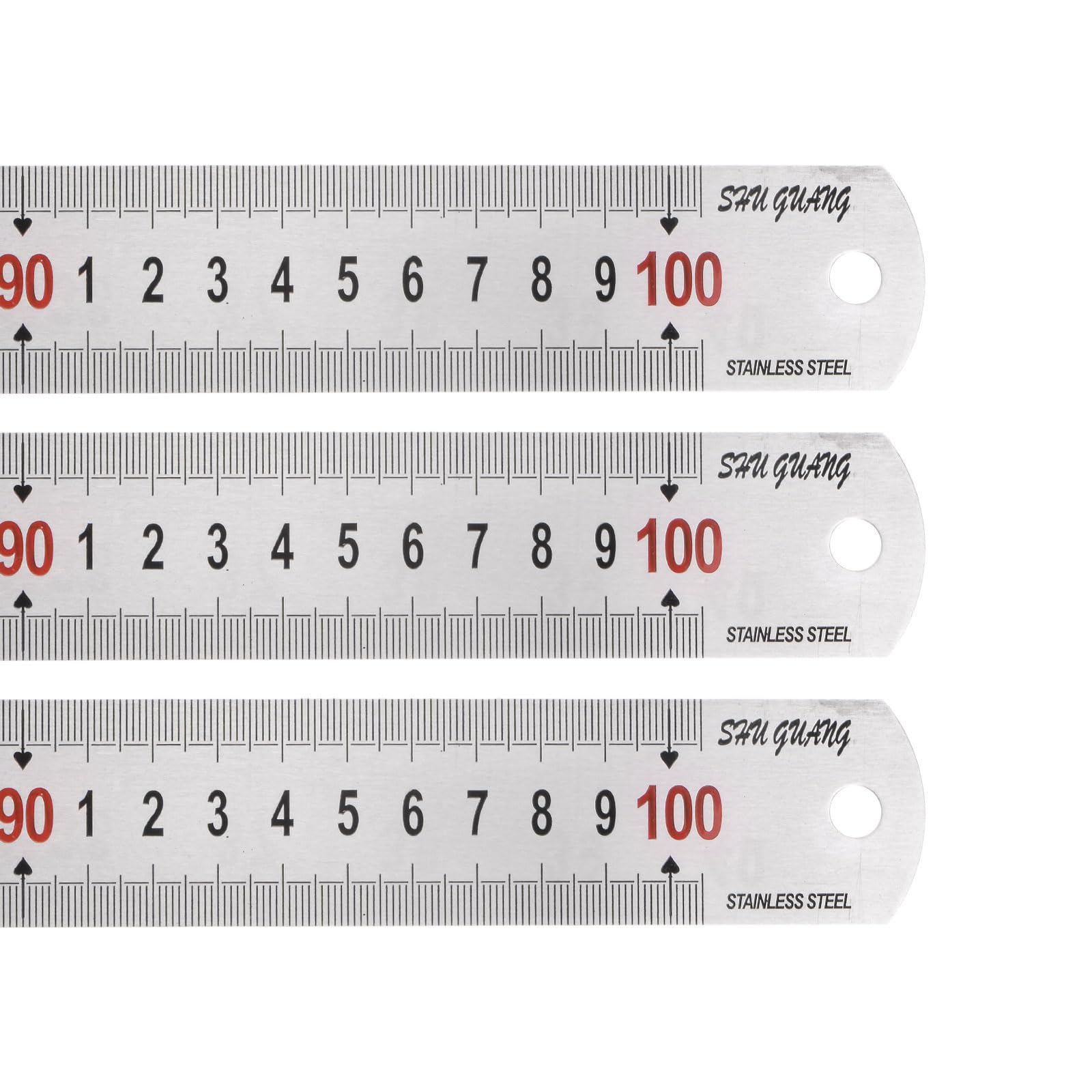QUARKZMAN 3pcs Regla de Acero Inoxidable 100cm/40" de Largo x 1/16" de Grosor x 1-3/8" de Ancho Herramientas de Medición de Bordes Rectos en Pulgadas y Métricas, Tono Plateado