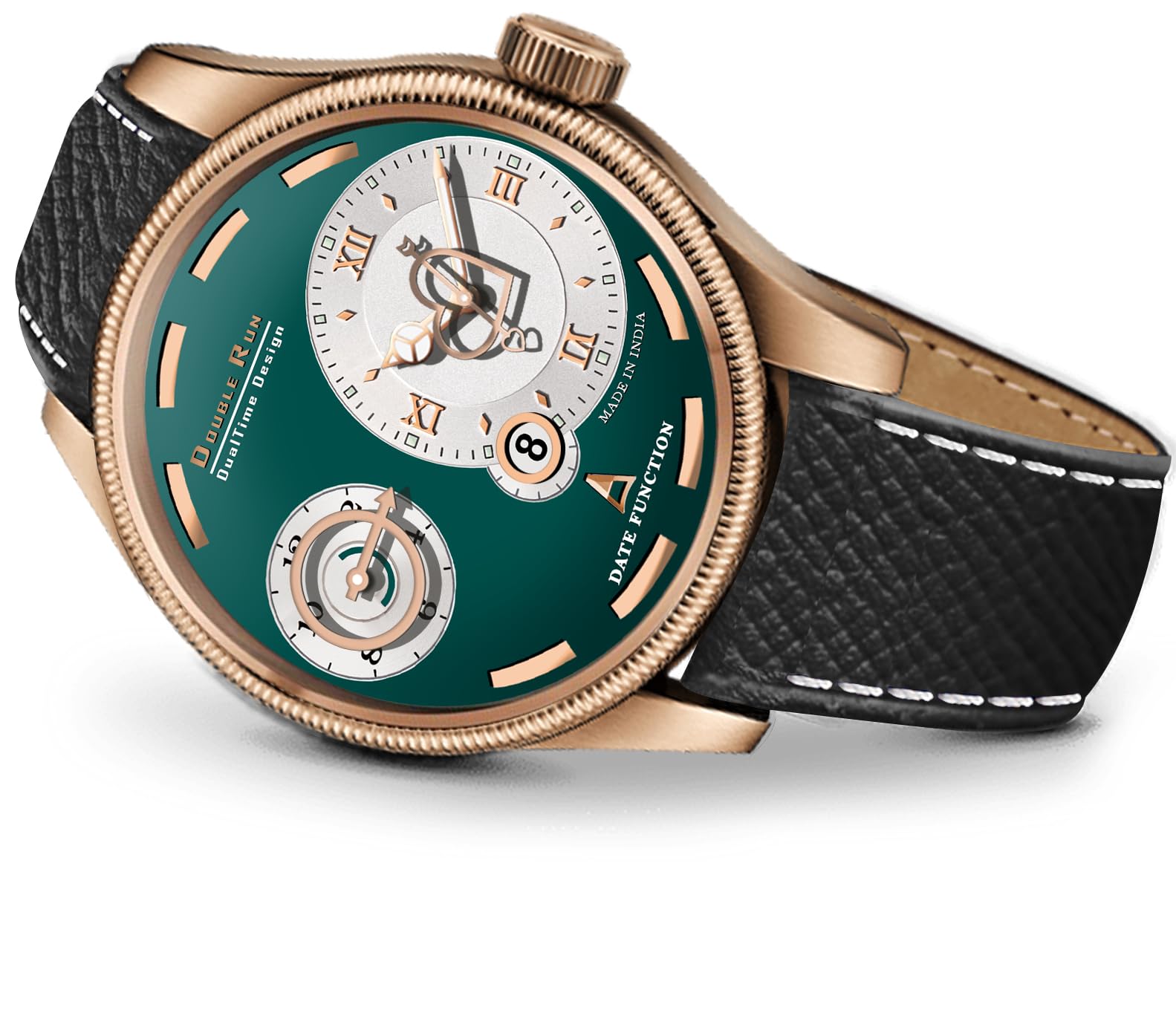 DOUBLERUN Chronograph And Date Display Leather Strap Analog Men Watch,Dial-Green, Band-Black