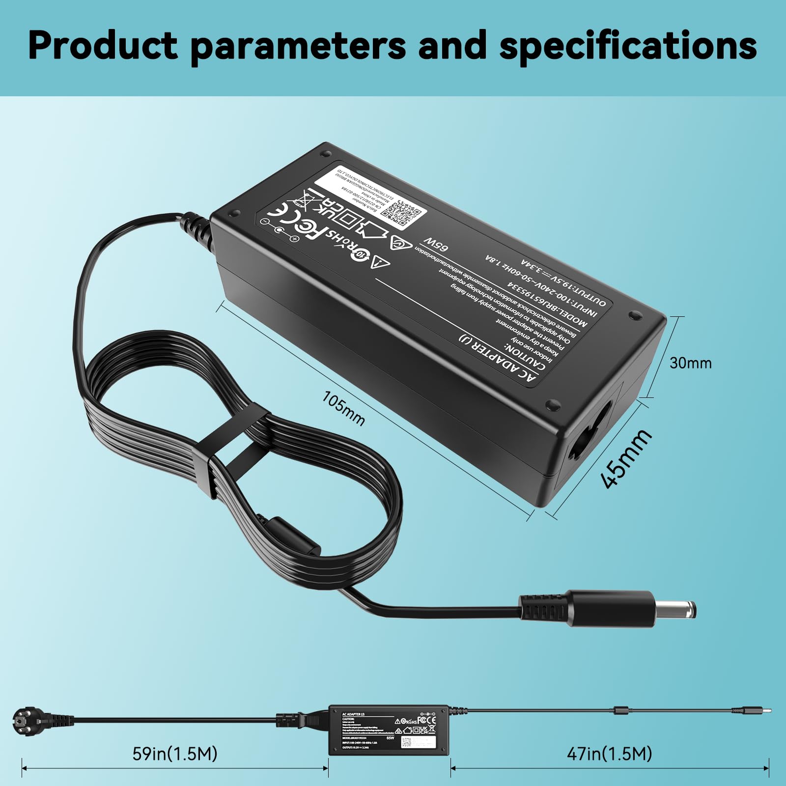 Cargador 65W 45W Compatible con DELL Inspiron 11 13 14 15 17 3000 5000 7000 3501 3505 3530 3511 5570 5593 5378 Latitude 3520 3510 3420 3410 Vostro 3420 3520 3510 3500 5510 Adaptador Charger