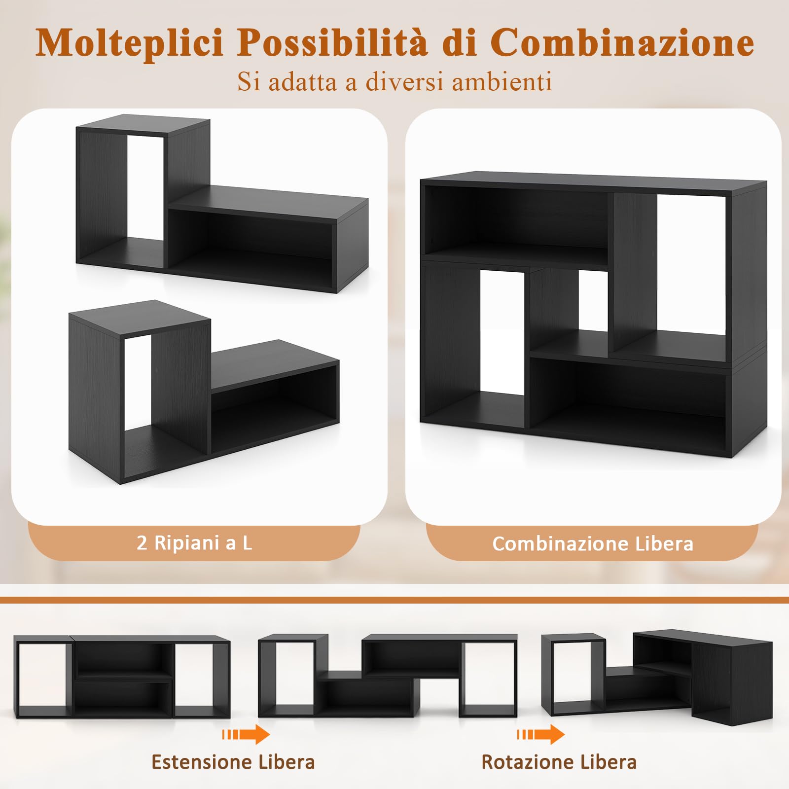 GYMAX Mobile TV Console da 32-60 Pollici Convertibile, 135 x 30 x 40 cm, Estensione e Rotazione Libera, Mobile Multimediale Porta TV, Cubi Aperti, Carico 50 kg, Soggiorno, Camera da Letto (Nero)