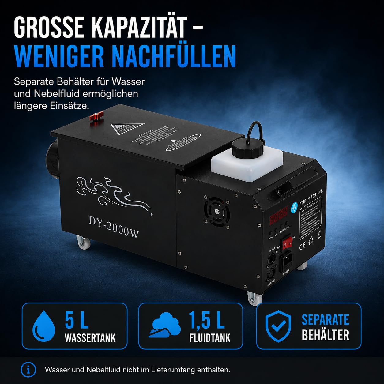 Nebelmaschine 2000 W,Wasserbasierte Boden-Nebelmaschine mit Schlauch,5lWassertanks und 1.5l Ölbehälters für Bühnenaufführungen, Bars, KTVs, Hochzeitsfeiern, Partys