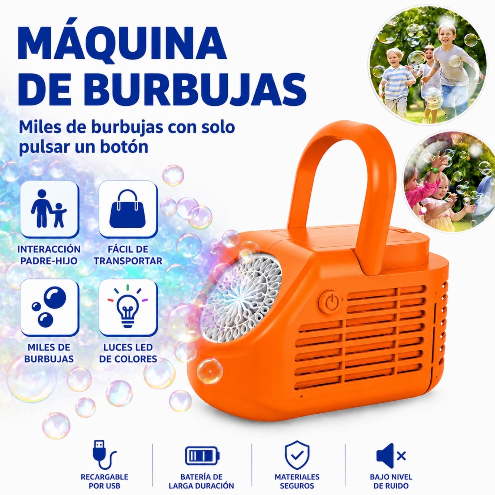Máquina de Burbujas de Escenario Portátil de 42 Orificios, Soplador Automático Recargable por USB con Luces LED, para Niños, Cumpleaños, Fiestas, Jardín, Exterior y Celebraciones (Naranja)