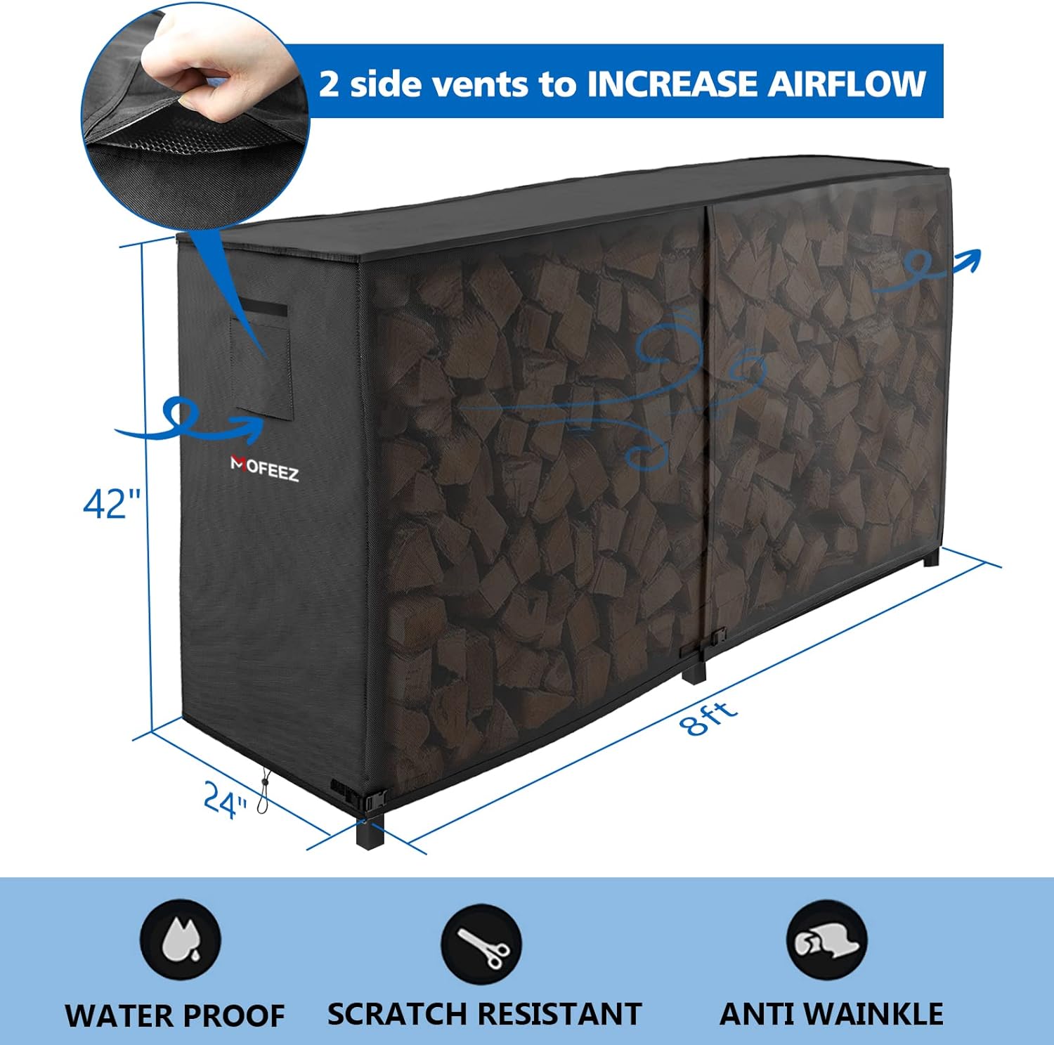 MOFEEZ 8ft Firewood Log Rack Cover Outdoor, Waterproof Weather Resistant Solid 600D Oxford PVC Coating Fabric (Black, 96" L x 24" W x 42" H)