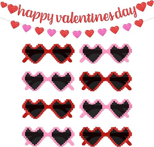 KatchOn, Glitter Happy Valentines Day Banner - Pack of 10 Plastic Valentine Glasses Pixel Red Pink Heart Garland for Valentines Day Decoration KatchOn, Glitter Happy Valentines Day Banner - Pack of 10 Plastic Valentine Glasses Pixel Red Pink Heart Garland for Valentines Day Decoration