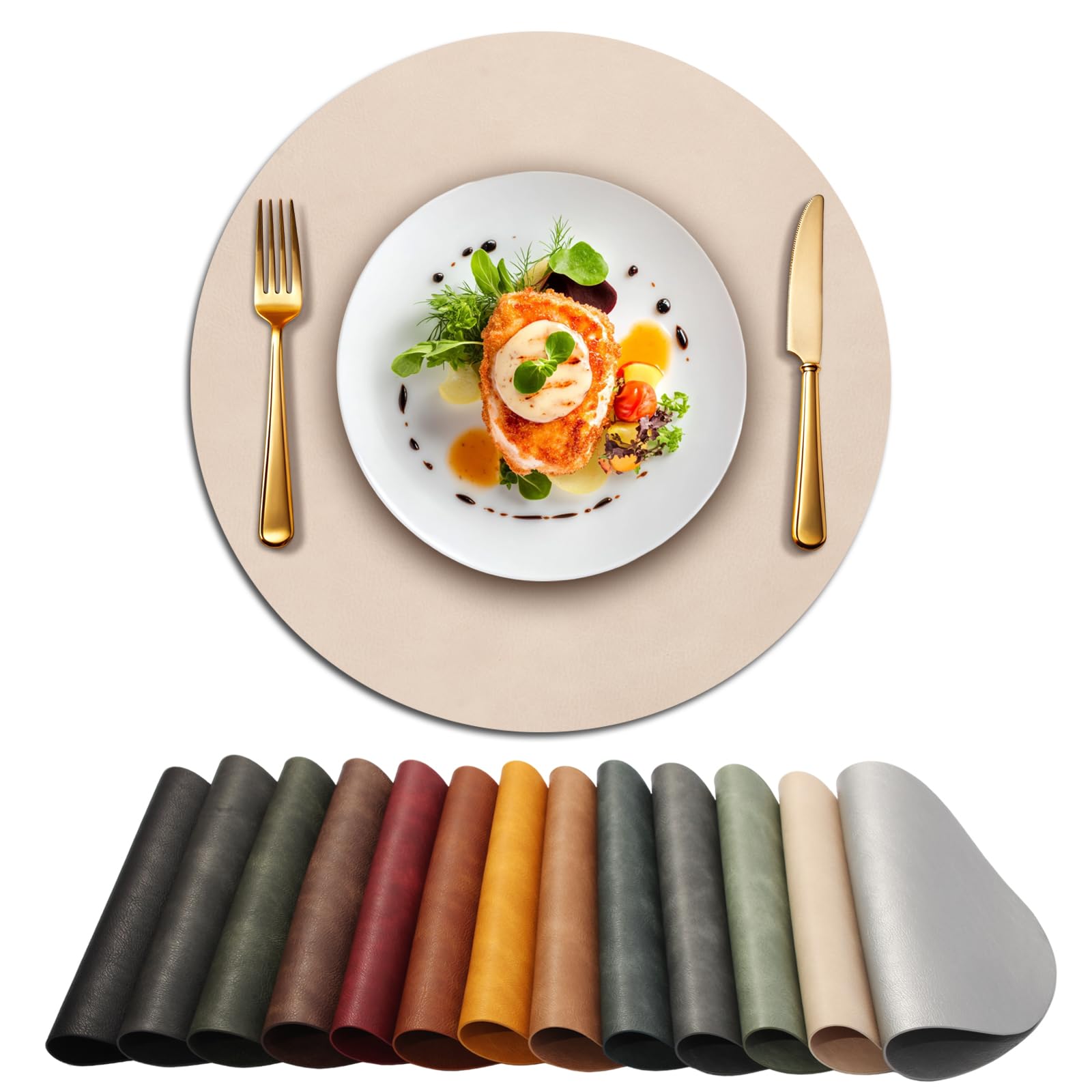 UnivoColors Placemats Round Faux Leather Placemats Set of 4-Waterproof-Wipe Clean-Heat Resistant-Anti Slip Dining Table Place Mats,Suitable for Indoor &amp; Outdoor Use,15".Retro Beige