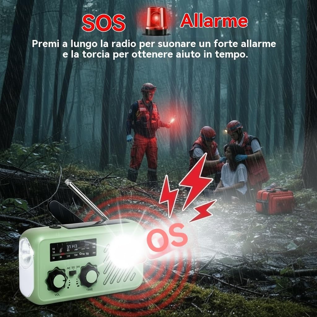 Kurbelradio Notfallradio mit 2000 mAh Power Bank – 3-Wege-Ladung (Solar/Handkurbel/USB), AM/FM/SW, SOS-Alarm & LED-Licht, Tragbares Survival Radio für Stromausfall, Camping & Wohnmobil (Grün)