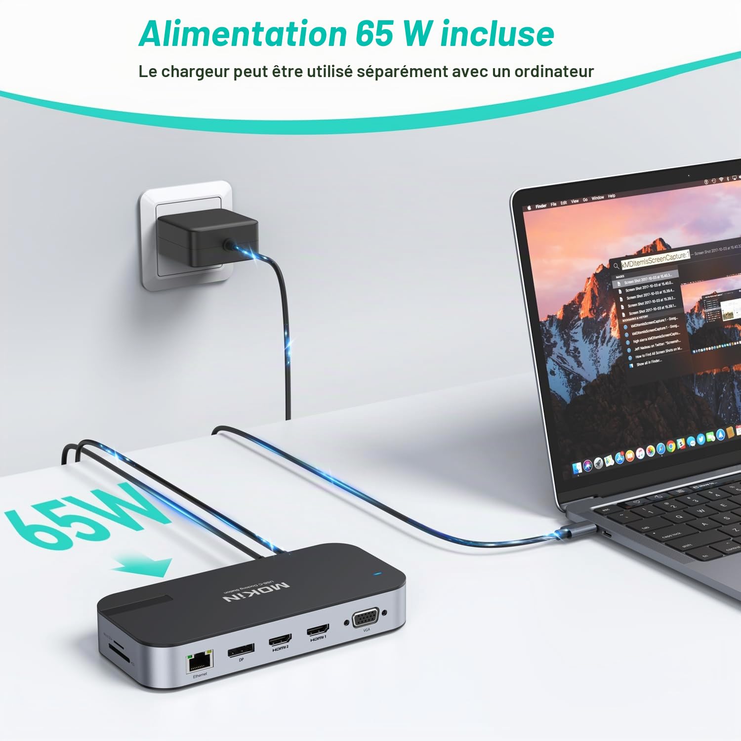 MOKiN Station d'accueil pour ordinateur portable avec alimentation 65 W, station d'accueil 16 en 1 station d'accueil USB C avec double écran avec 4K 2 HDMI, DP, VGA, 5 ports USB, RJ45, SD/TF, 100 W PD