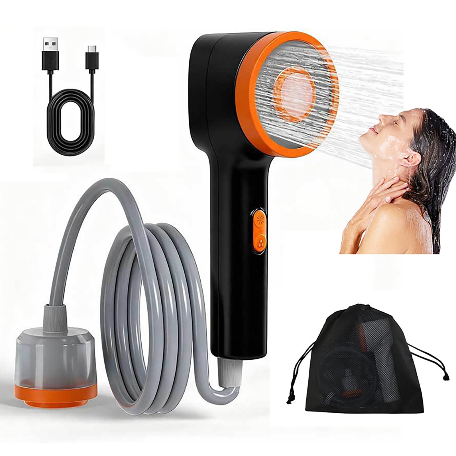 Ducha portátil para camping, bomba de ducha recargable con tubo de agua de 2 m, duración de la batería de 90 minutos, IPX6, impermeable, kit de ducha para exteriores para senderismo y viajes