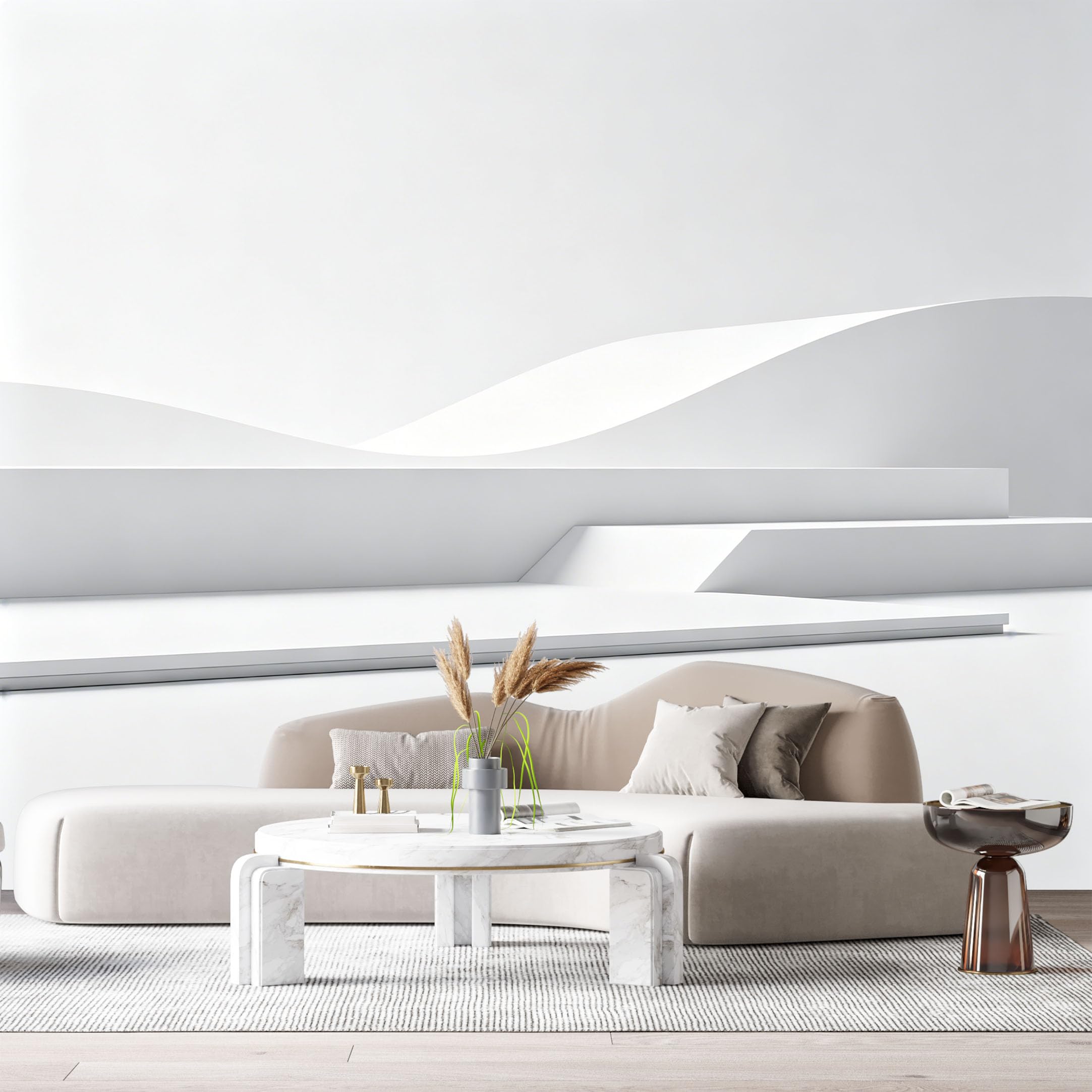 Custom Size Wall Murals Minimalist Abstract Geometric White Curved Shapes SelfAdhesive Wall Fabric Removable Large Wallpaper for Photo Living Room