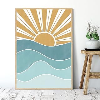Boho Sun Canvas Wall Art Abstract Blue Sea Sunset and Sunrise Pictures Boho Sun on the Sea Artwork Boho Minimalist Line Art Prints Abstract Mid Century Modern Poster Prints 16x24inch Frameless