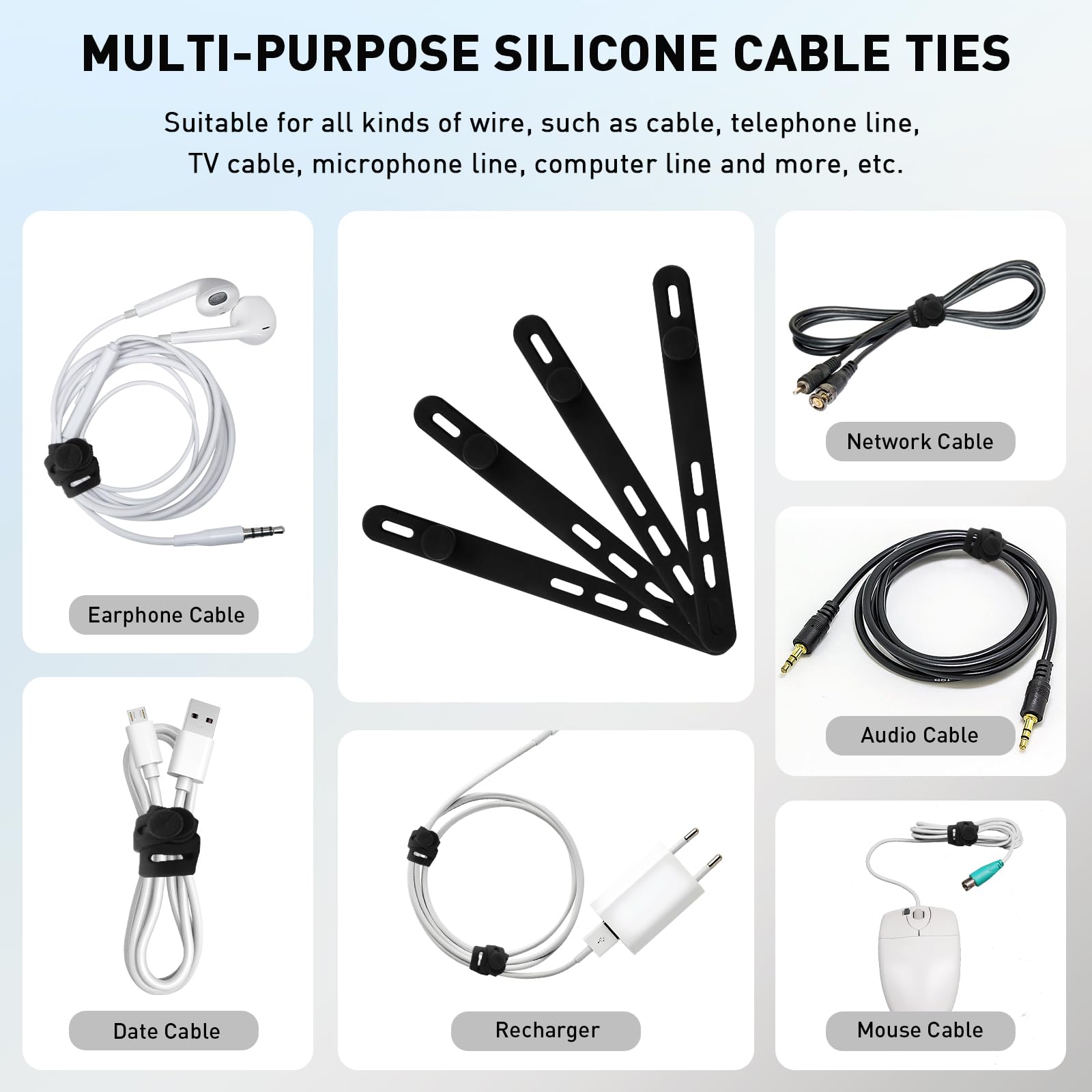 TamBee Silicone Cable Ties Reusable Cable Straps 16pcs Black Cable Wire Ties Cable Cord Organizers for Earphone Phone Charger Audio Cable Computer (16Pcs - Image 4