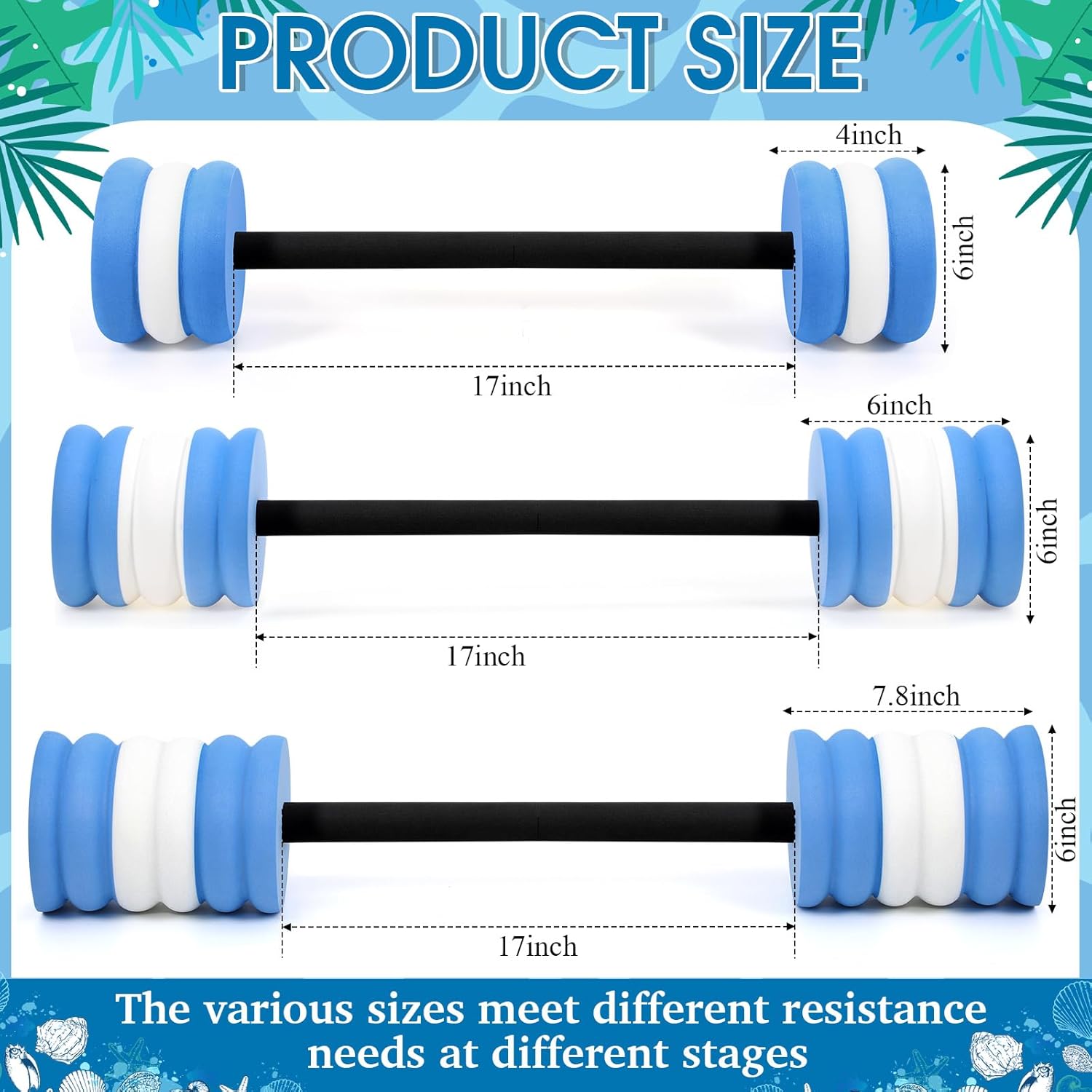 Soulchen 3 Pcs Long Aquatic Exercise Dumbbells Swim Barbells 25'' 29'' 33'' Foam Water Weight Dumbbell Pool Barbells with High Density EVA Foam for Swim Water Aerobics Fitness Loss