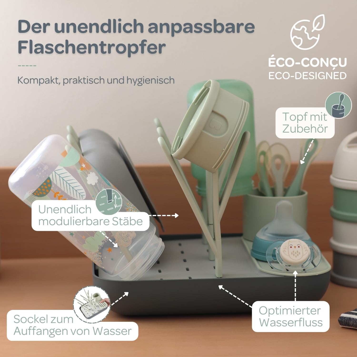 BÉABA Flaschen- und Kindergeschirrabtropfer – Großes Fassungsvermögen, Modular, Für bis zu 6 Flaschen, Zubehörbehälter, Optimierter Wasserablauf, Platzsparend & Praktisch – Salbei/Mineral
