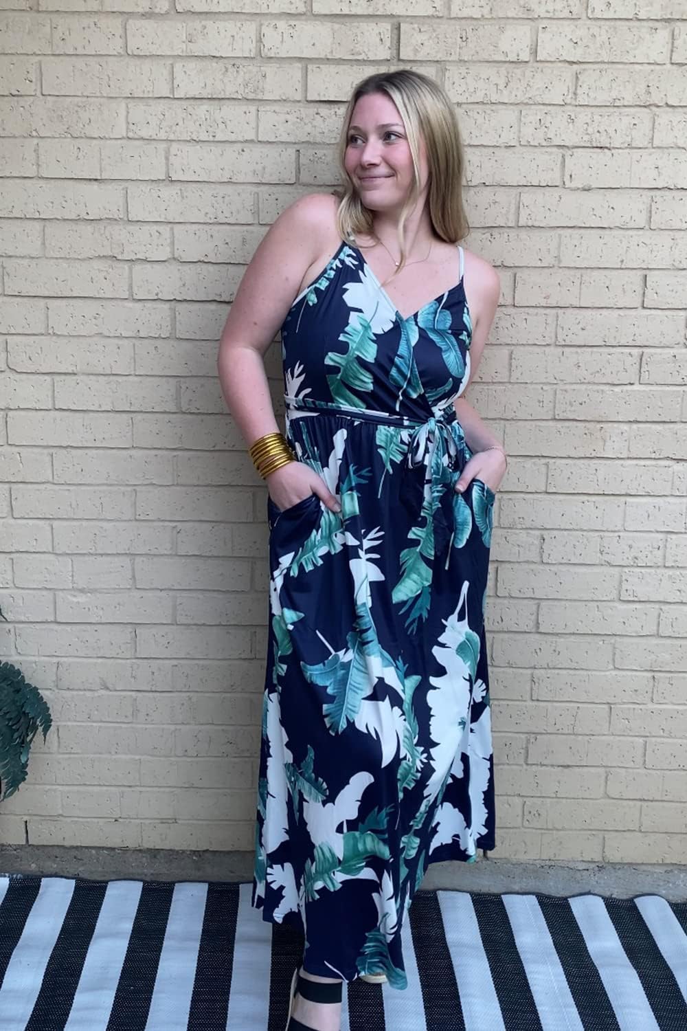 OUGES Womens Summer Maxi Dress V Neck Floral Adjustable Spaghetti Strap Beach Dresses with Pockets - Image 2