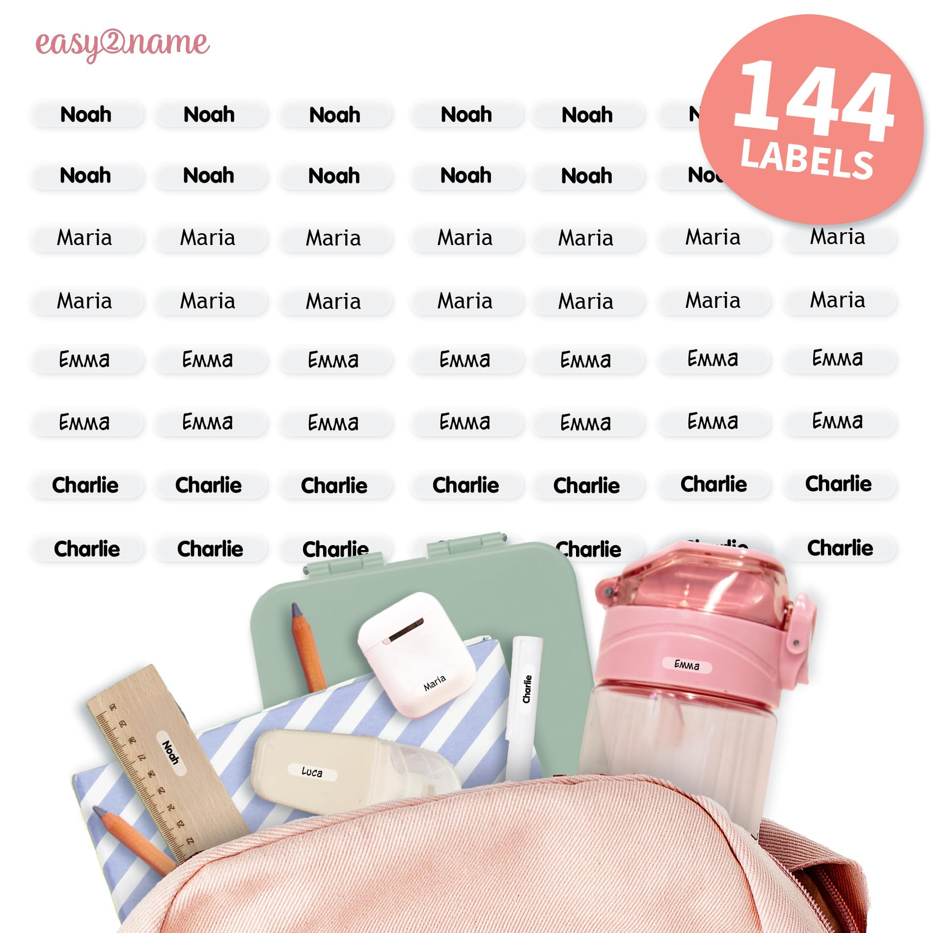 Easy2Name - Personalised mini XS Name Labels - Waterproof Name Stickers for Children and Adults - Ideal as Name Stickers in The Office, Workshop or School -20x4mm - Transparent (Black, 144)