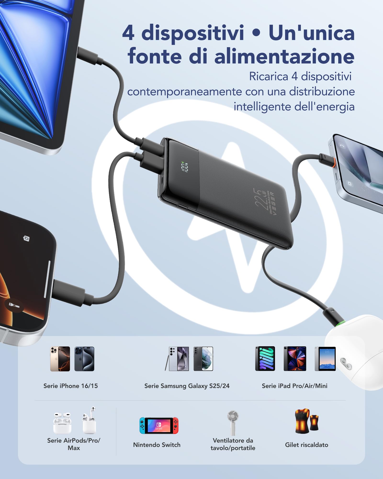 VEGER 10000mAh Power Bank 22.5W Ricarica Rapida USB C LED Display 4 Uscite 3 Ingressi Compatibile iPhone Huawei Xiaomi