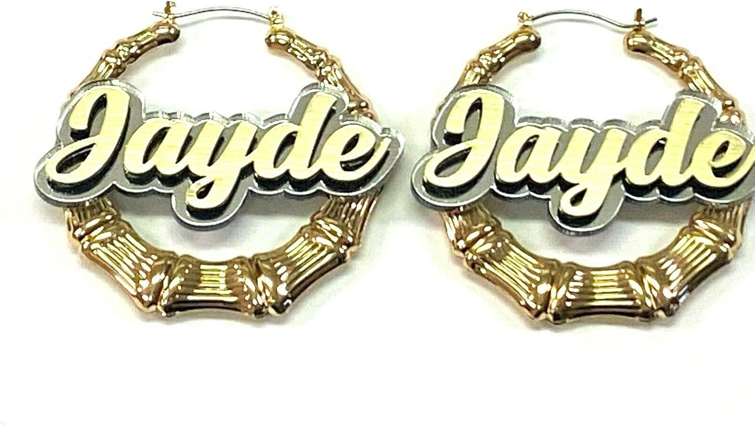 Bamboo Earrings Hoop Name Plate Personalized Custom Gold 1.5, 2.5, 3.5" Size and Background Color Choice Laser Cut Made To Order - Any Name Gold Script Cursive Letters Stunning, Quality, Attractive