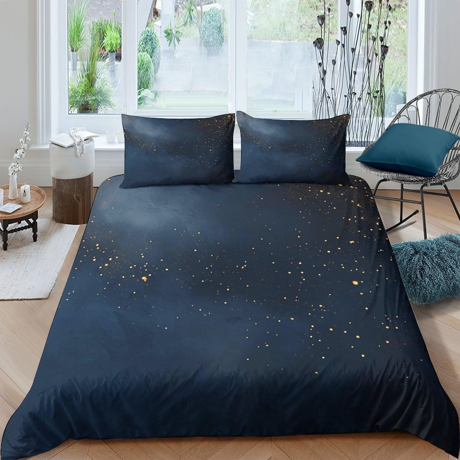 GPLZQXKJNH 3D Printed Night Sky Duvet Cover Microfiber Soft Breathable Golden Stars Bedding Set with 2 Pillowcases for Bedroom Decor Single（135x200cm）