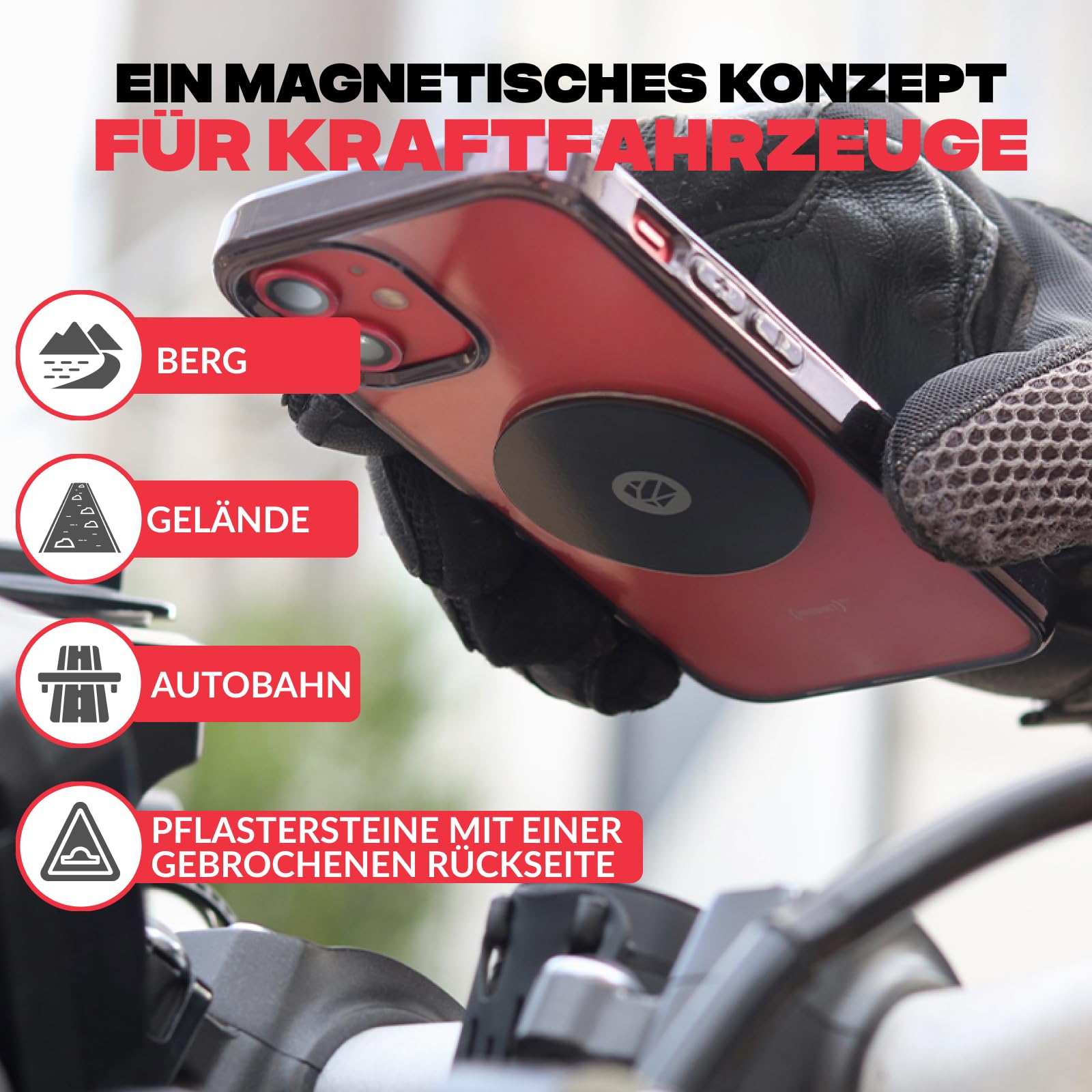 Shapeheart Magnetische Motorrad Handyhalterung - Einhandbedienung - Universal Lenkerhalterung Motorrad, Roller, E-Scooter - Inklusive Metallplatte - Sicherer Halt und Schnell Abnehmbar | Für glatte Handyhüllen | Lenker 20–50 mm | 1-Hand-Bedienung | Touchs