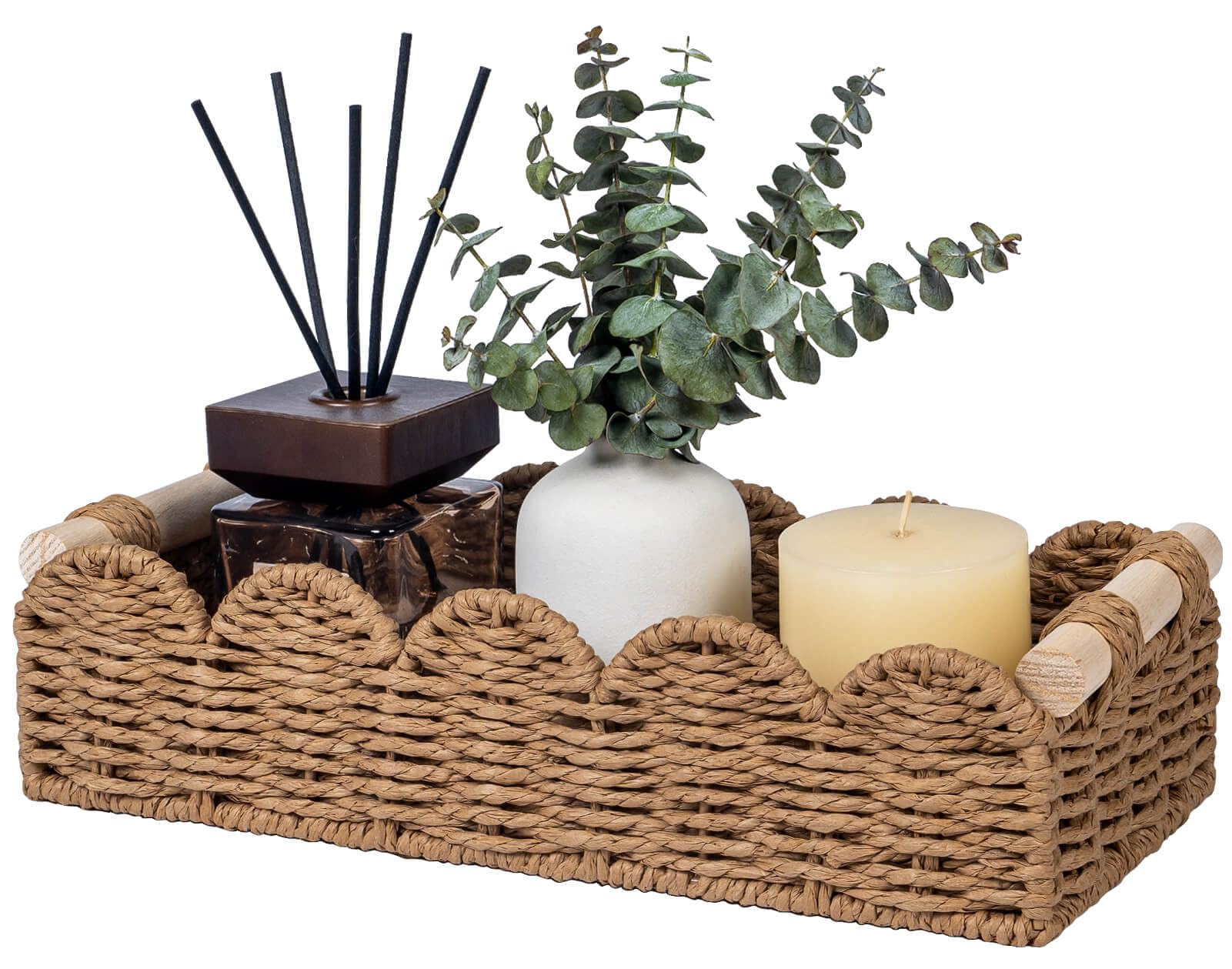 CubesLand Toilet Paper Storage Basket Organizer, Small Wicker Decor Basket | Toilet Tank Top Decorative Basket for Countertop, Handwoven Scalloped Basket W/Handle for Home Decor Living Room, Neutral