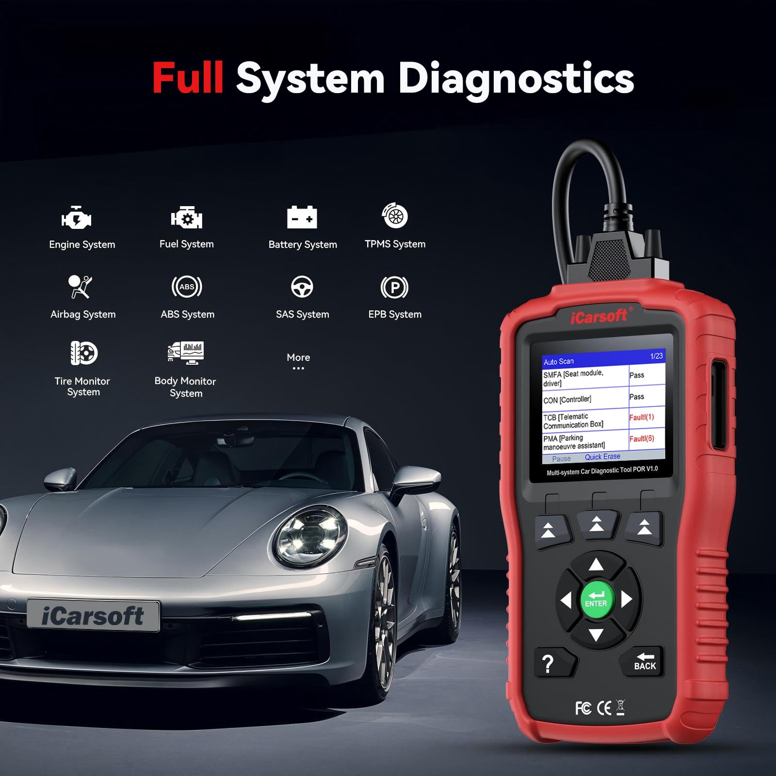iCarsoft Scanner OBD2 POR V1.0 pour Porsche/Cayenne/Macan, outil de diagnostic de tous les systèmes avec réinitialisation huile/SAS, test de batterie, 10 modes OBD2/EOBD CAN lecteur de code de voiture