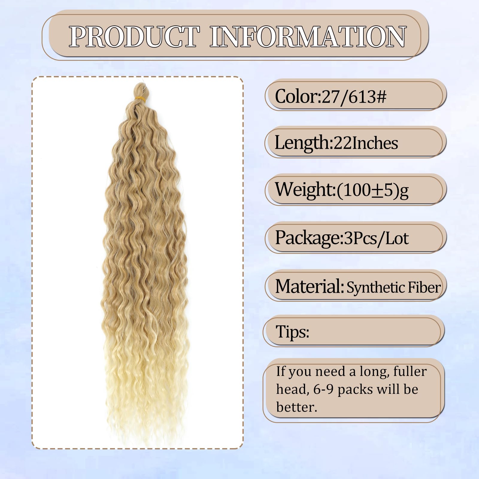 FANLUTYIN 22 Inch Curly Crochet Braiding Hair 3 Packs Ocean Wave Crochet Hair Extensions Deep Wave Synthetic Braiding Hair Curls Hair Twist Water Wave Braided Hair (27/613# - Image 3