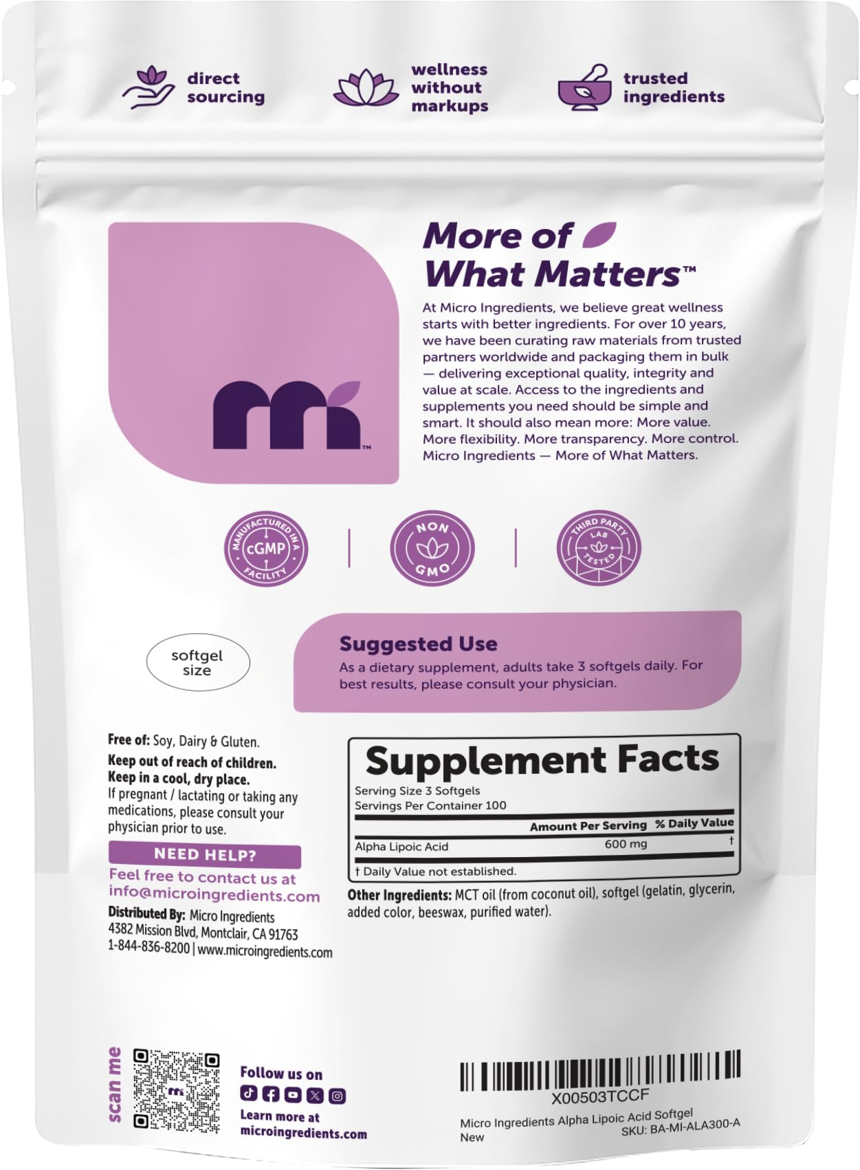Micro Ingredients Alpha Lipoic Acid 600mg Per Serving, 300 Softgels | ALA Supplement | Made with MCT Oil| Non-GMO, Gluten-Free, Soy-Free — Amazon image 8