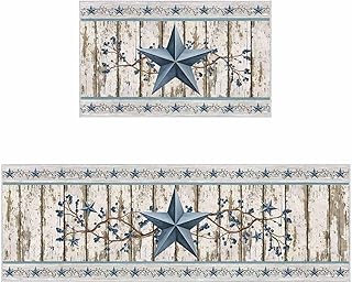 Texas Star Navy Blue Kitchen Rugs Set of 2, Farmhouse Vintage Art Wooden Washable Bath Shower Door Welcome Runner Rug Mat Carpet for Bedroom Bathroom Living Room Throw Desk Rug, 16"x 24"+ 16"x 47"