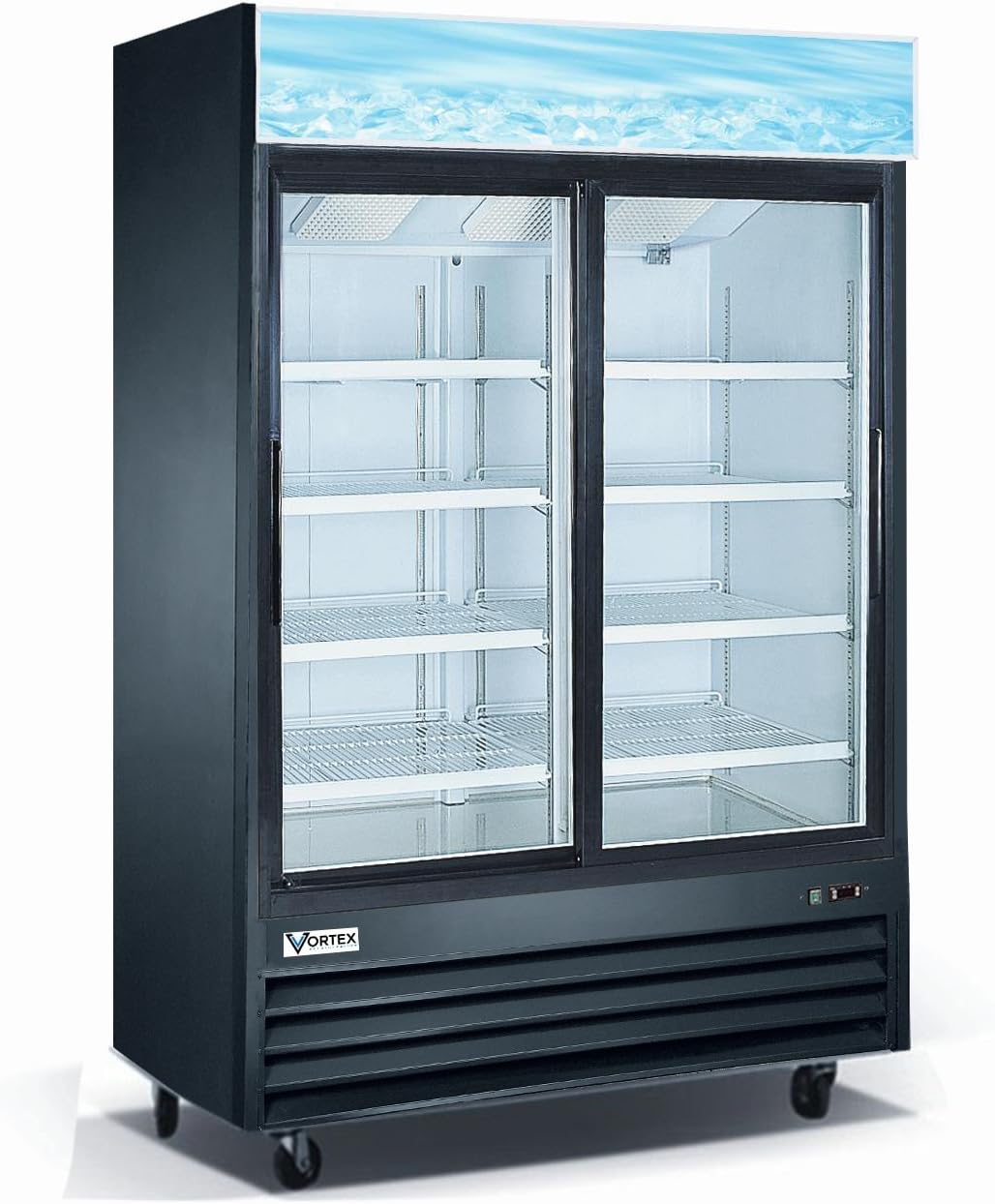 Commercial Grade Merchandiser Refrigerator by Vortex Refrigeration | 2 Sliding Doors | Fog Resistant Glass | 49 Cu. Ft. | 8 Adjustable Shelves | For Restaurants | 54.4" x 31.5" x 82.6" | Black