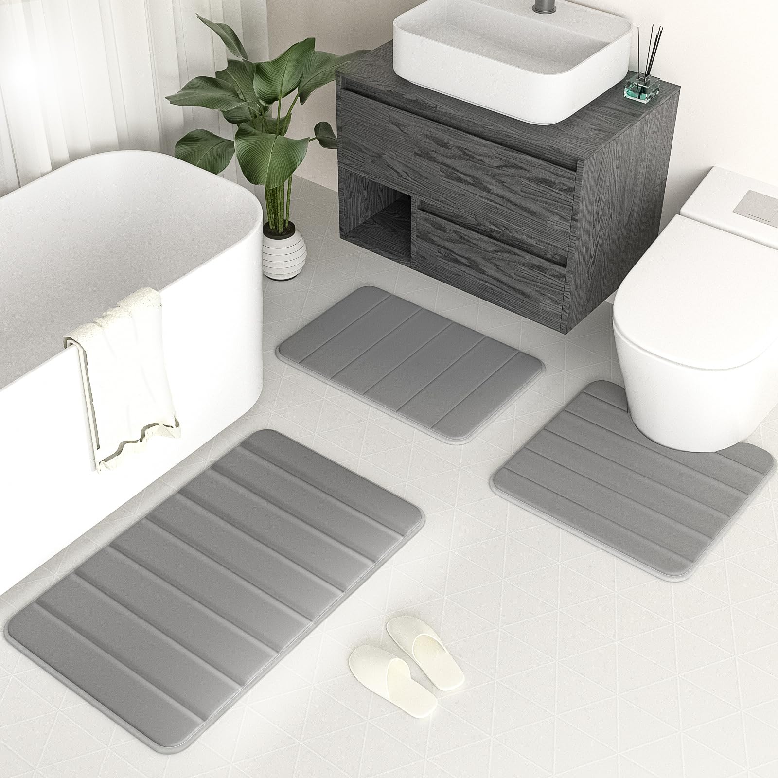 Tappeti da bagno per il bagno assorbenti, in memory foam, antiscivolo, set di 3 tappetini da bagno grigio chiaro