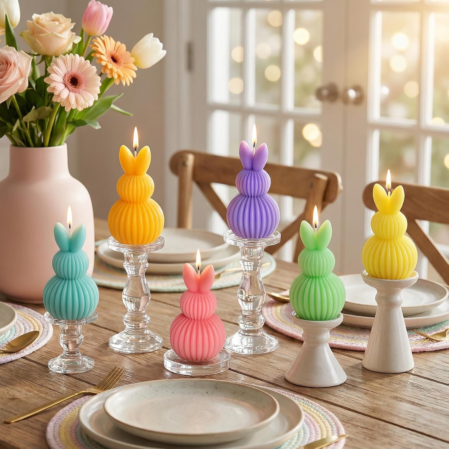 Lanpn 6 Pcs Easter Bunny Candles Gift Set, Mini Rabbit Shaped Votive Tea Lights, Easter Flower & Fruit Scented Candles, Each 2.1 oz, Spring Party Holiday Decor Home Table Centerpiece, Macaron Color - Image 4