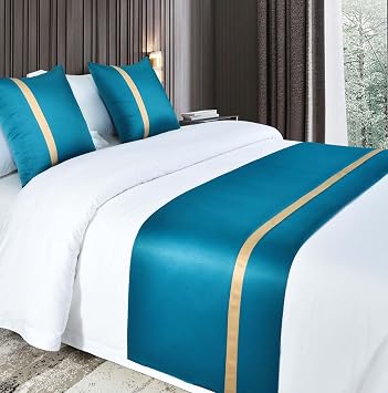 Hotel Bed Runner Protection Satin Solid Color King Size Bed Scarf Scarves Home Bedspread Matching Cushion Cover Bedding End Towel,Blue-2*Pillowcase