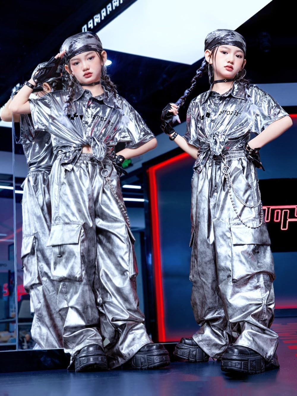 [Patypeety] ヒップホップ キッズ ダンス 女の子 シルバー キラキラ 発表会 ステージ衣装 舞台服 可愛 学生 ジャズ