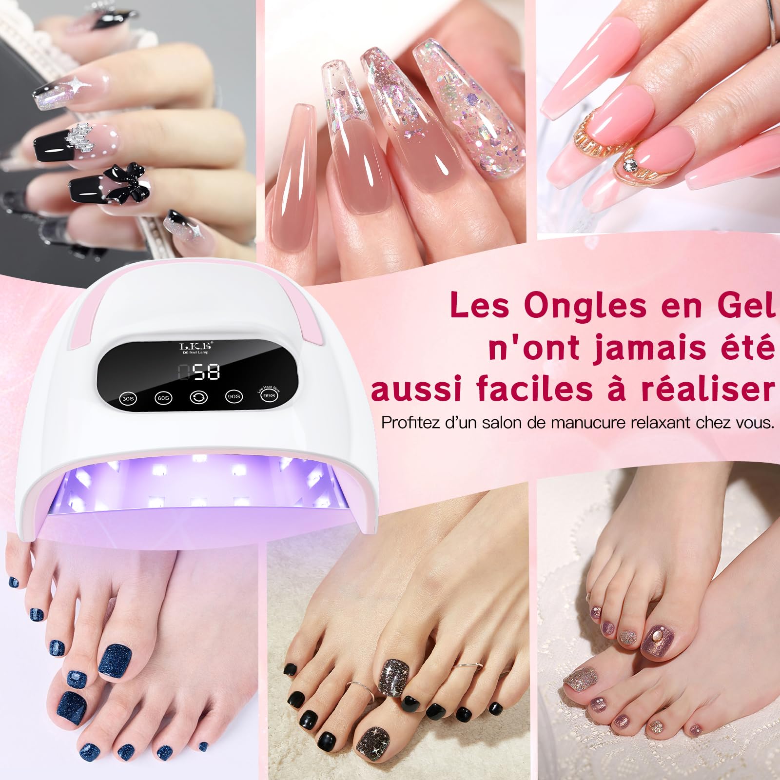LKE Lampe à Ongles UV Led 380W Professionnelle Lampe Uv Ongles Gel Séchoirs à Ongles avec 4 Minuteries Écran Tactile LCD Capteur Automatique Poignée Portable Socle Magnétique Lampe Séchage Pour Salon