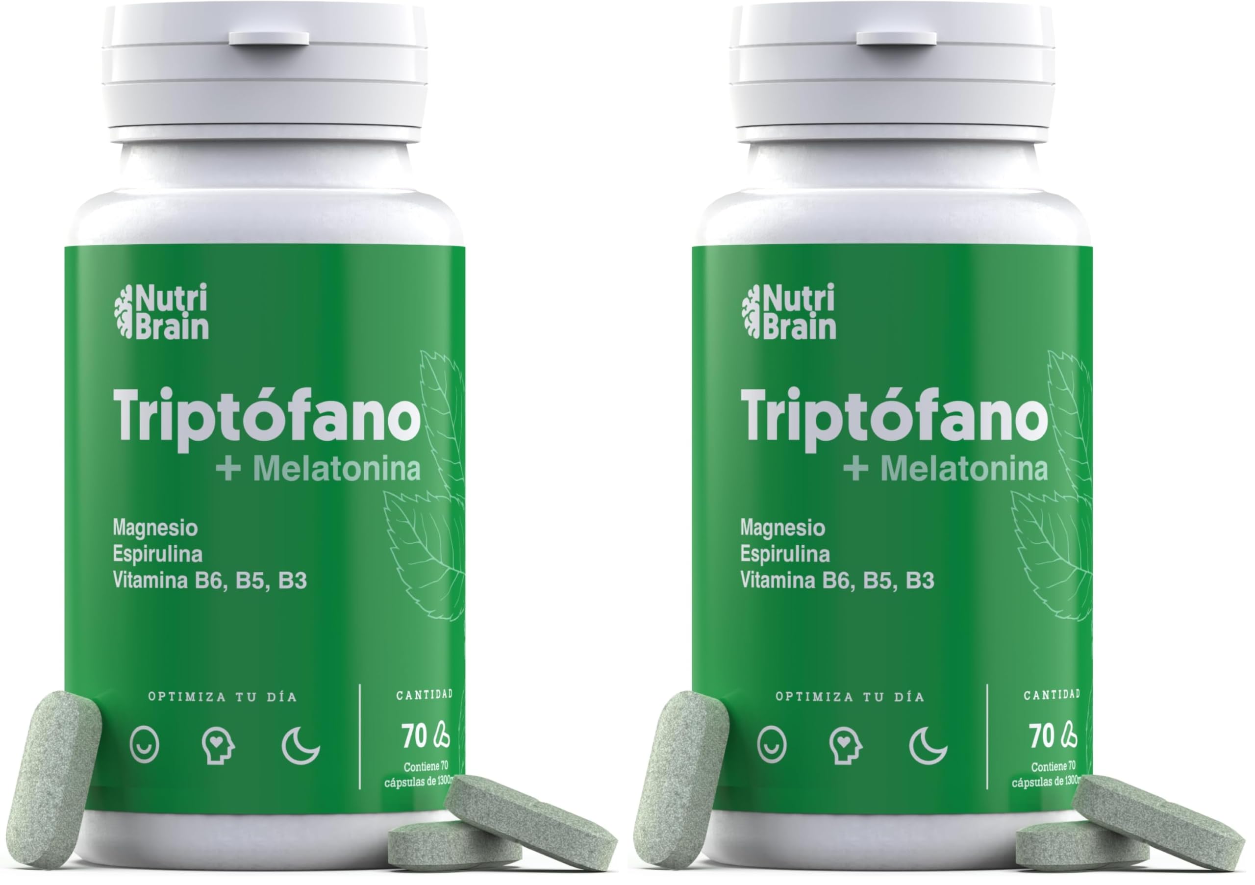 L-Triptófano con Melatonina y Magnesio + Espirulina + Vitaminas B6 B5 B3 | Dosis Alta | Para Dormir Bien, Estado de Ánimo, Energía, Bienestar y Concentración | Fórmula Sinérgica (Paquete de 2)