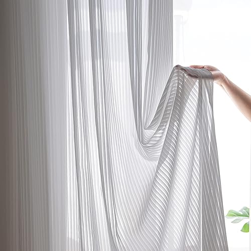 Grey Chiffon Striped Semi Sheer Curtains for Living Room Light Filtering Solid Voile Window Drapes for Bedroom 2 Panels 84 inches Long Rod Pocket